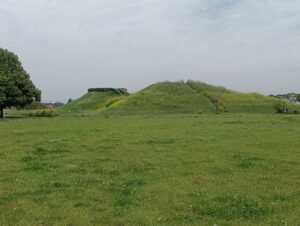 Green field with a grassy hill and a path up to the top, where a person stands.